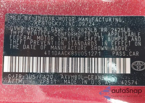 2025 Toyota Camry Le from USA, damaged, VIN 4T1DAACK8SU051271